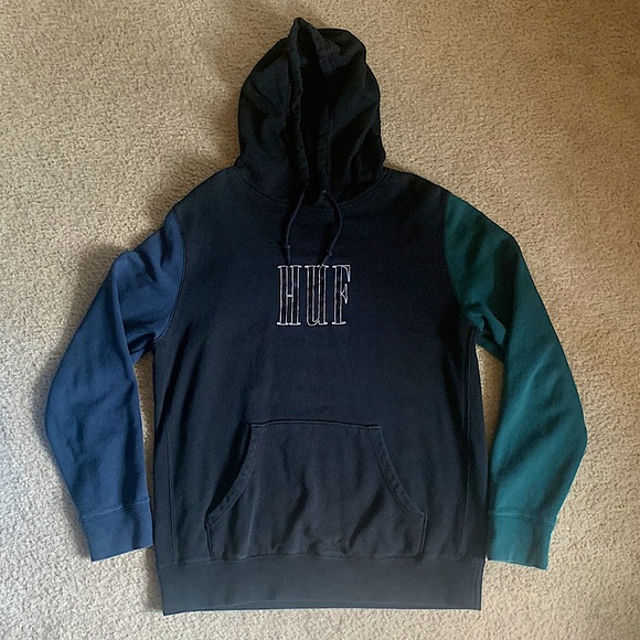 HUF Black color block fleece hoodie with navy blue and green sleeves - Picture 1 of 2